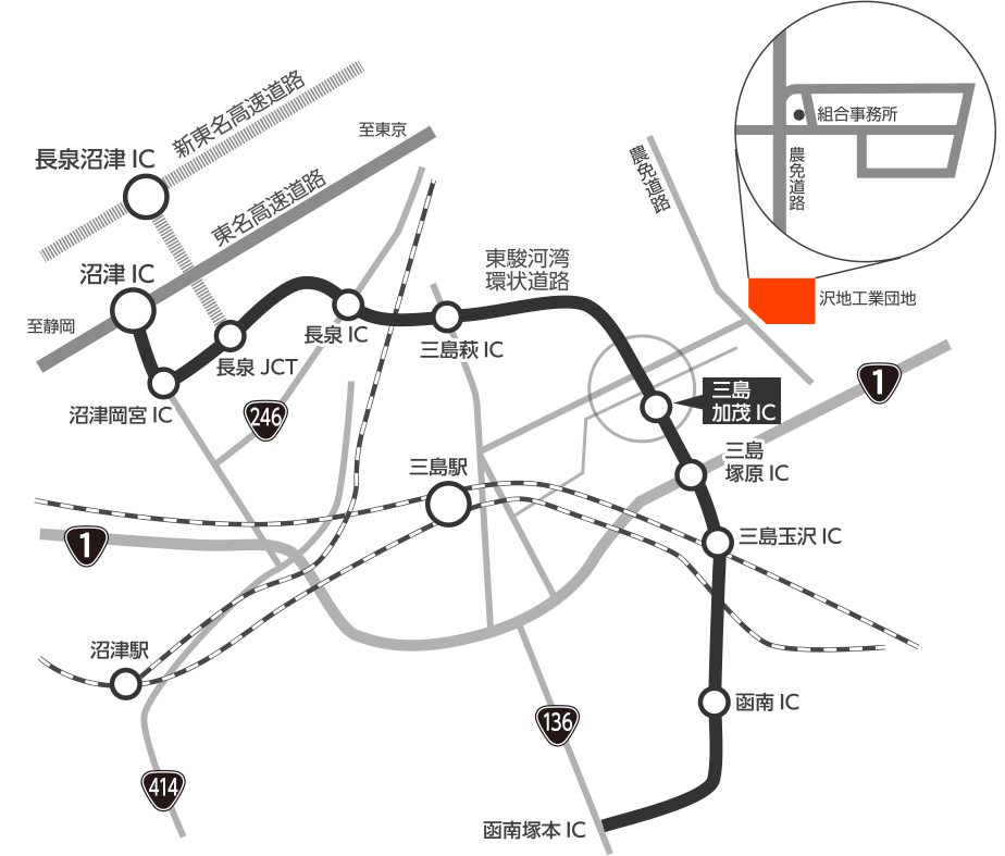 沼津IC方面、および三島塚原ICからのアクセスマップ